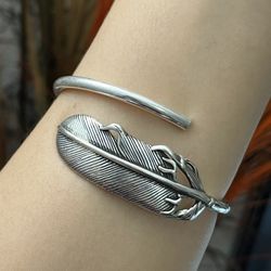 S925 silver feather irregular chunky cuff bangle bracelet