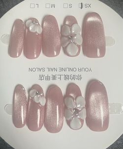 Pink Cat-Eye 3D Flower Press-On Nails | Handmade Look | Glossy Shimmer