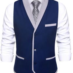 Hi-Tie Men's Color Block Button Up Suit Vest With Shawl Collar Size (XXXL)