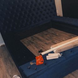 Prague Blue Velvet Queen Upholstered Storage Platform Bed