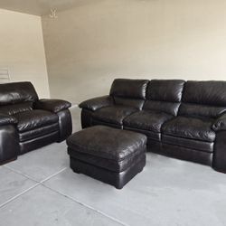 Leather Sofa, Chair, and Ottoman Set 
