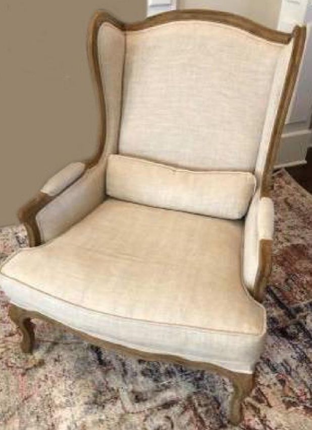 RESTORATION HARDWARE FRENCH LINEN WINGBACK CHAIR WITH LUMBAR PILLOW & OTTOMAN