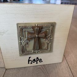 WOOD "Hope"with 3D Cross Brushed Cream /Beige Hanging Plaque 8"x8"x1"