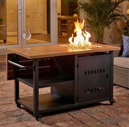 2 in 1 rolling table and fire pit with shelves (New in a box)