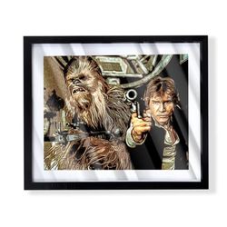 han solo and chewbacca custom art piece on black frame
