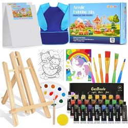 Acrylic Painting Kits for Kids,Non Toxic Painting Set Arts Supplies with 4 Canvas Panels,24 Color Paints,Art Smocks,Table Easels,6 Brushes Etc,Arts an