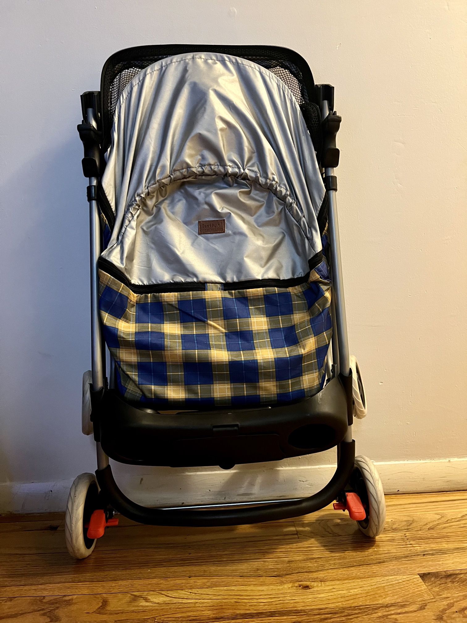Indoors & Outdoors Pet Folding Stroller With 4 Rolling Wheels Posh / Yellow Plaid