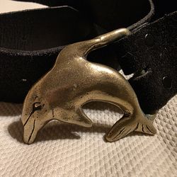 Dolphin Solid Brass Belt Buckle with belt 3" X 1.5"