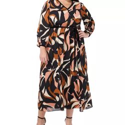 SZ 1x Printed Faux-Wrap Long-Sleeve Maxi Dress W/ Velour Belt MSK