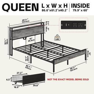 New Grey Queen Size LED Platform Bed Frame with Shelves/ 4 Storage Drawers Headboard Charge Station