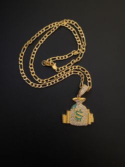 Gold plated and cubic zirconia crystals dollar bag pendant with chain 