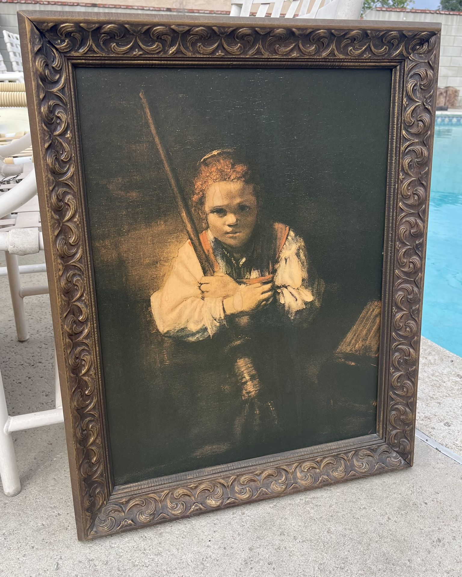 Vintage Framed Reproduction of the 1651 “A Girl with a Broom” Classic Rembrandt Portrait Art