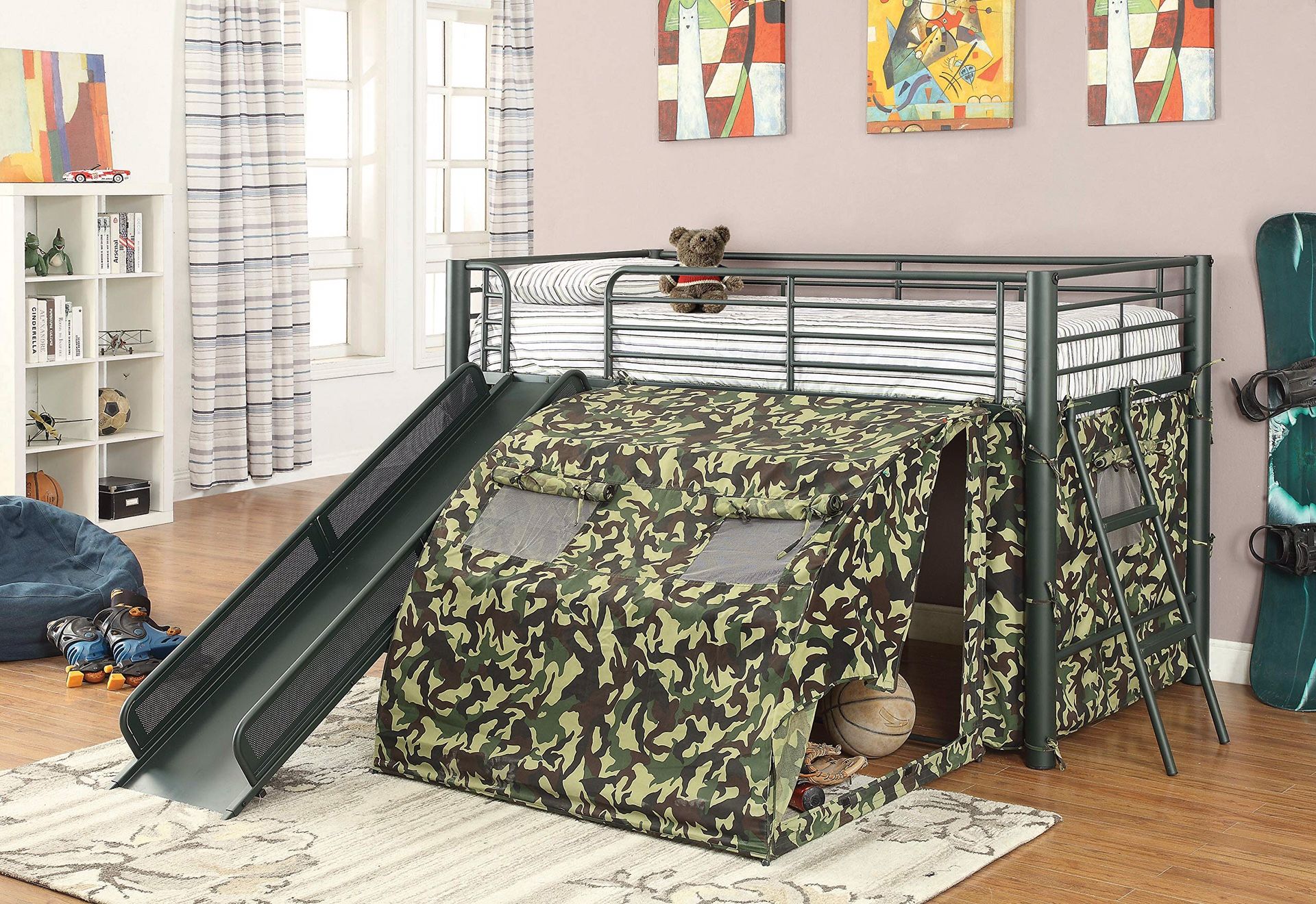 COASTER OATES LOFTED BED WITH SLIDE AND TENT ARMY GREEN ! FLOOR MODEL AVAILABLE FOR IMMEDIATE PICK UP
