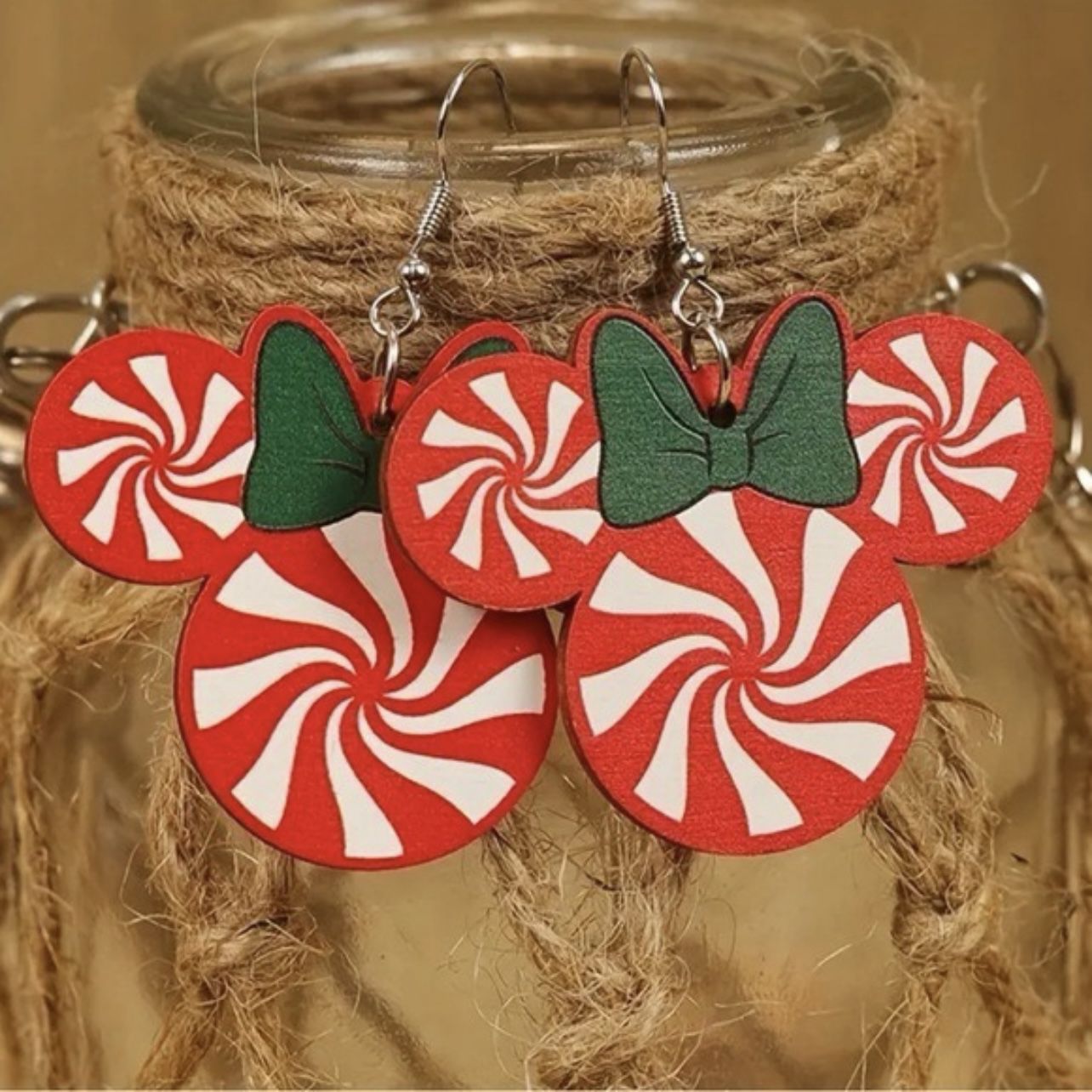 Adorable Wooden Christmas Peppermint Minnie Mouse Earrings Mickey Red Green