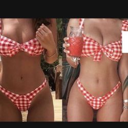 New Brazilian /hot sexy Miami heat style red and white plaid crop/tank top with high leg cut bikini /swimsuit/swimwear/bathing suit / body suit / size