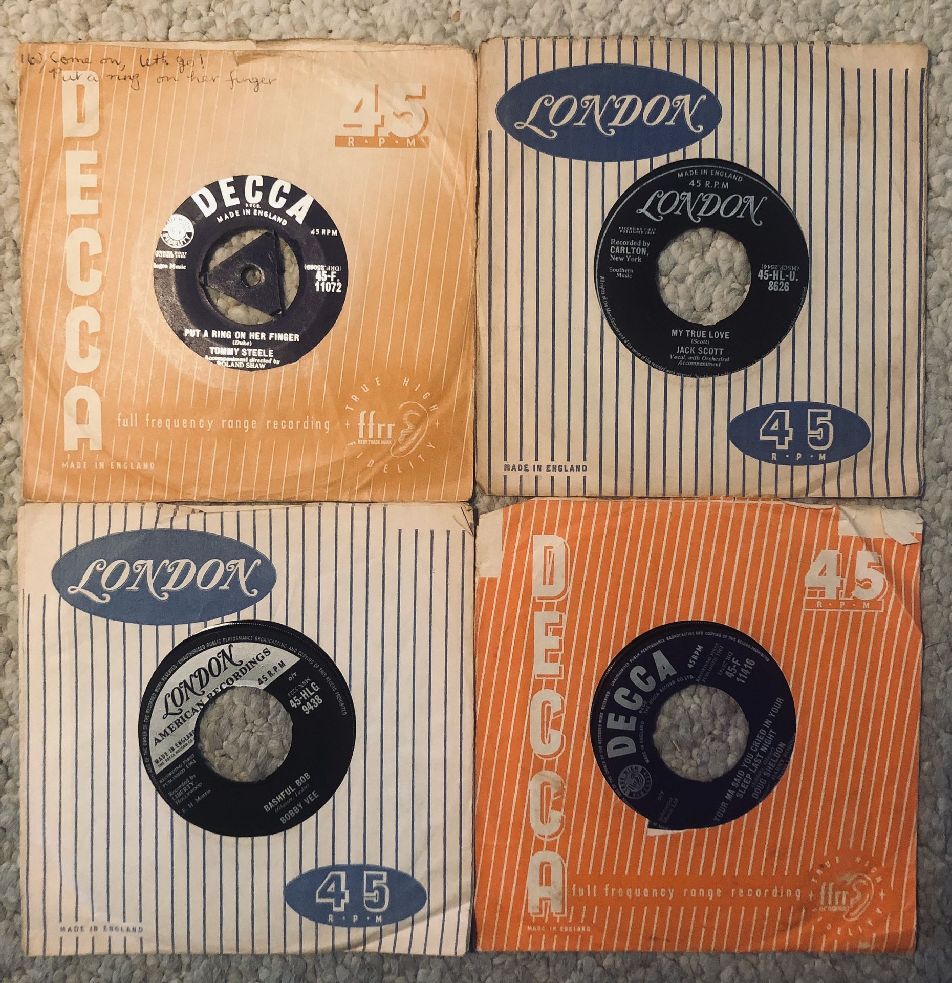 4 Vinyl 45 Records-Tommy Steele-Jack Scott-Doug Sheldon-.Bobby Vee-Made in England GC 