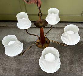 Midcentury teak & brass ceiling light fixture chandelier