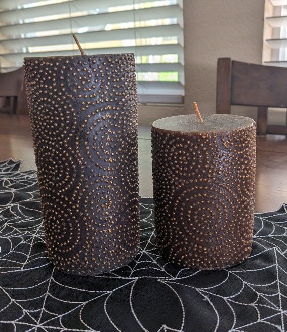 Pair Of Brown Pillar Candles With Gold Design 