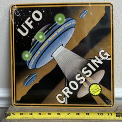 NEW and SEALED UFO Crossing Metal Glow in the Dark Sign 12x12 inches Just $8 xox