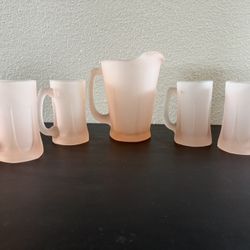 Vintage Pink Frosted Glass Pitcher & Mugs Set (5 Pieces)