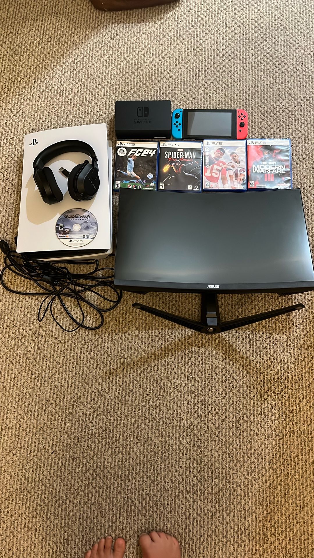 PS5, With Games, Asus Tuff Gaming Monitor, Turtle Beach PlayStation Headphones, And Nintendo Switch