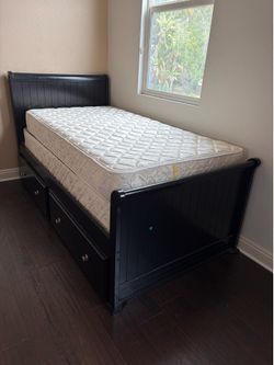 Black Twin Bed Frame with Storage Drawers + Mattress