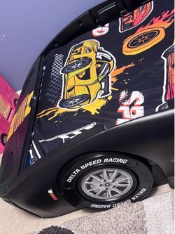 Race Car Twin Bed Frames for Kids, Wood Car-Shaped Bed Frame with Wheels LED Lights & Slat Support for Toddler, Teens, Boys or Girls (Race Car-Black)