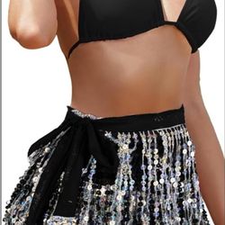 Black And Silver Sequin Tassel Hip Scarf Sequin Tassel Skirts Rave Fringe Hip Scarf for Festival Belly Dance Skirt