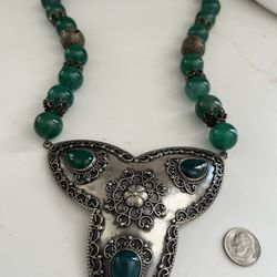Green Agate Stone  Neckless With 925 Sterling Sliver Big Pendant 