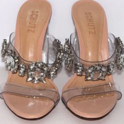 Nwob Schutz Blanck Vinyl And Light Nude Leather Rhinestone High Heel