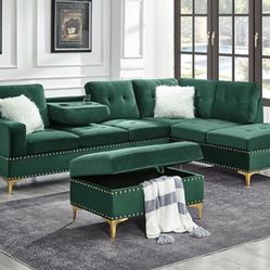 BEAUTIFUL SECTIONAL VELVET GREEN ,BLUE OR GRAY WITH FREE STORAGE OTTOMAN AND ACCENT CHAIRS 