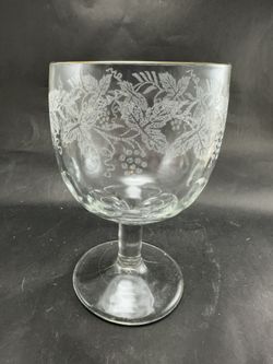 1 Vintage Bartlett Collins Thumbprint Clear Goblet Etched Grape Leaf w/ Gold Rim 