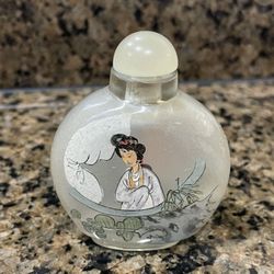 Antique Vintage Reverse Hand painted Perfume Snuff Bottle Asian Chinese Or Japanese Geisha Frosted Glass Bottle 