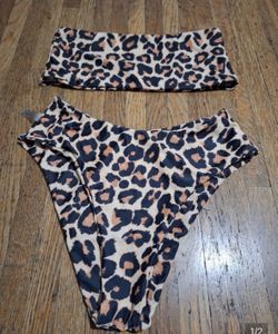 Divided Leopard Print Bandeau Bikini Set - Black & Tan