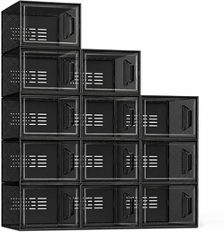 12 Clear Stackable Shoe Storage Box Organizer 13” x 10” x 6”-Black