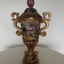 Satsuma Style Decorative Vase with Lid 22” Hand Painted
