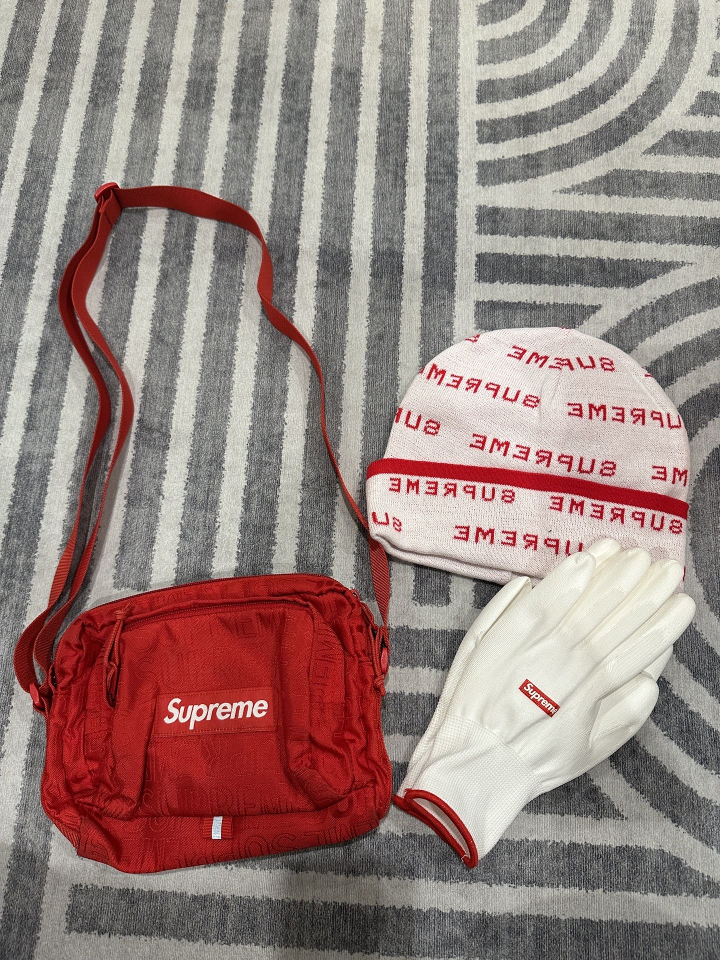 Supreme Red Bag, Beanie, and Gloves bundle