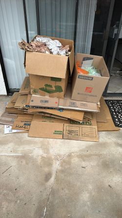 Moving Boxes: From U-haul, Home Depot and Others. Includes paper wrap, bubble wrap Etc. Boxes are solid butmay have writing and/or tape on them