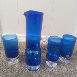 Cobalt Blue Glass Pitcher and Tumbler Set