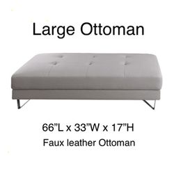 New! Contemporary Ottoman, Extra Large Ottoman, Grey Ottoman, Faux Leather Ottoman, Leatherette Ottoman, Ottoman With Chrome Legs, Modern Ottoman