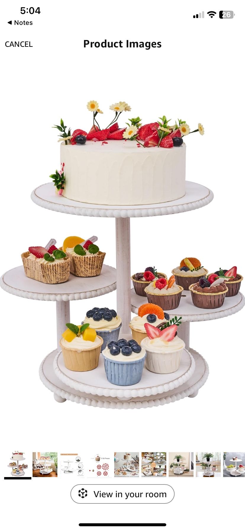 4 Tiered Beaded Cake and Cupcake Stand Combo for Birthday Party Decor, Rustic Wooden