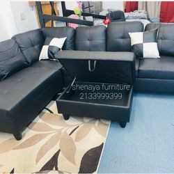 Black Sectional Sofa New With Storage Ottoman