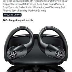 Wireless Earbuds Bluetooth Headphones 96H Playtime LED Display Waterproof Built in Mic Deep Bass Sound Secure Over Ear buds Earhooks for iPhone Androi