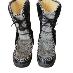 Vintage Snowland Women’s Boots Snow Winter Black Gray Lace Up