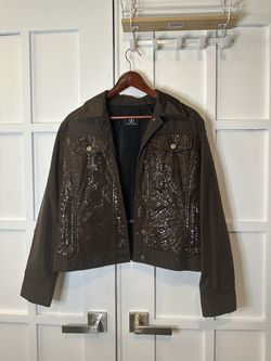 Sônia Bogner Sequin Collared Animal Print Cropped Jacket Brown Women's Size US 8