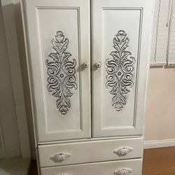 Vintage White Shabby Armoire Tall Dresser