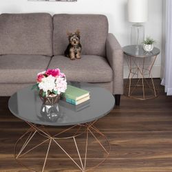 Kate and Laurel Mendel Round Metal Coffee Table, Gray Top with Rose Gold Base