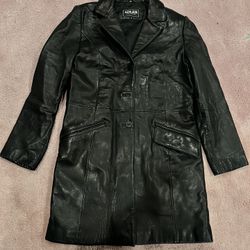 Women’s Long Black Leather Jacket, Size M