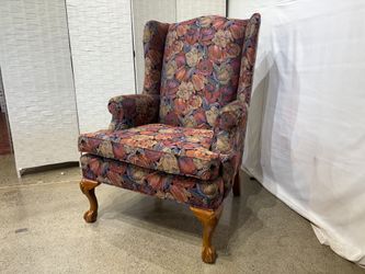 ETHAN ALLEN Floral Wingback Armchair with Ball and Claw Feet