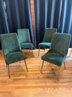 4 green velvet dining chairs with gold legs